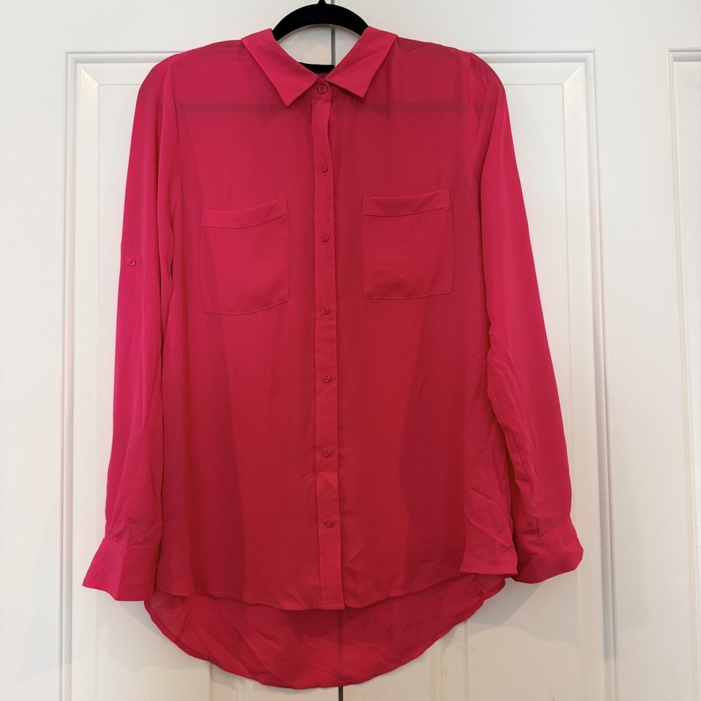 APT.9 Blouse Womens L Hot Pink Sheer Chiffon Button Up Front Pockets Tunic Top